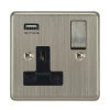 1 Gang - Single 13 Amp Plug Socket with USB A Charging Port - Black Trim Grandura Satin Nickel Plug Socket with USB Charging