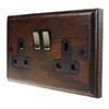 2 Gang - Double 13 Amp Switched Plug Socket : Black Trim Jacobean Dark Oak | Antique Brass Switched Plug Socket