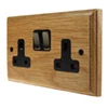 2 Gang - Double 13 Amp Switched Plug Socket : Black Trim Jacobean Light Oak | Antique Brass Switched Plug Socket