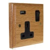 Single 13 Amp Plug Socket with a USB A Charging Port - Black Trim Jacobean Light Oak | Matt Black Plug Socket with USB Charging