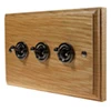 3 Gang 10 Amp 2 Way Toggle Light Switches Jacobean Light Oak | Antique Brass Toggle (Dolly) Switch