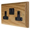 2 Gang - Double 13 Amp Switched Plug Socket : Black Trim Jacobean Light Oak | Matt Black Switched Plug Socket