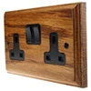 2 Gang - Double 13 Amp Switched Plug Socket : Black Trim Jacobean Medium Oak | Matt Black Switched Plug Socket