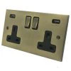 2 Gang - Double 13 Amp Plug Socket with 2 USB A Charging Ports - Black Trim Low Profile Antique Brass Plug Socket with USB Charging