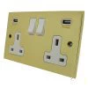 2 Gang - Double 13 Amp Plug Socket with 2 USB A Charging Ports - White Trim Low Profile Polished Brass Plug Socket with USB Charging