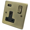 1 Gang - Single 13 Amp Plug Socket with USB A Charging Port - Black Trim Low Profile Rounded Antique Brass Plug Socket with USB Charging