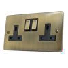 2 Gang - Double 13 Amp Switched Plug Socket : Black Trim Low Profile Rounded Antique Brass Switched Plug Socket