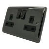 2 Gang - Double 13 Amp Switched Plug Socket : Black Trim Low Profile Rounded Black Nickel Switched Plug Socket