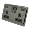 2 Gang - Double 13 Amp Plug Socket with USB A Charging Ports - Black Trim Low Profile Rounded Black Nickel Plug Socket with USB Charging