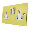 2 Gang - Double 13 Amp Switched Plug Socket : White Trim Low Profile Rounded Polished Brass Switched Plug Socket