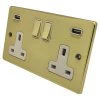 2 Gang - Double 13 Amp Plug Socket with 2 USB A Charging Ports - White Trim Low Profile Rounded Polished Brass Plug Socket with USB Charging