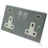 2 Gang - Double 13 Amp Plug Socket with 2 USB A Charging Ports - White Trim Low Profile Rounded Satin Chrome Plug Socket with USB Charging