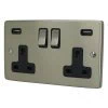2 Gang - Double 13 Amp Plug Socket with 2 USB A Charging Ports - Black Trim Low Profile Rounded Satin Nickel Plug Socket with USB Charging
