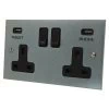 2 Gang - Double 13 Amp Plug Socket with 2 USB A Charging Ports - Black Trim Low Profile Satin Chrome Plug Socket with USB Charging