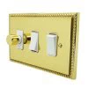 3 Gang Combination : 1 x 400w 2 Way Dimmer Switch + 2 x 20amp 2 Way Light Switch : White Trim Palladian Polished Brass Dimmer and Light Switch Combination