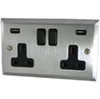 2 Gang - Double 13 Amp Plug Socket with 2 USB A Charging Ports : Black Trim Regent Satin Chrome Plug Socket with USB Charging