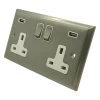 2 Gang - Double 13 Amp Plug Socket with 2 USB A Charging Ports - White Trim Regent Satin Nickel Plug Socket with USB Charging