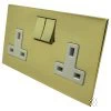 2 Gang - Double 13 Amp Switched Plug Socket : White Trim Screwless Square Polished Brass Switched Plug Socket