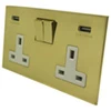2 Gang - Double 13 Amp Plug Socket with 2 USB A Charging Ports : White Trim Screwless Square Polished Brass Plug Socket with USB Charging