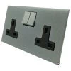 2 Gang - Double 13 Amp Switched Plug Socket : Black Trim Screwless Square Satin Chrome Switched Plug Socket