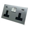 2 Gang - Double 13 Amp Plug Socket with 2 USB A Charging Ports : Black Trim Screwless Square Satin Chrome Plug Socket with USB Charging