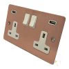 2 Gang - Double 13 Amp Plug Socket with 2 USB A Charging Ports - White Trim Flat Classic Brushed Copper Plug Socket with USB Charging