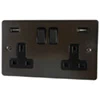 2 Gang - Double 13 Amp Plug Socket with 2 USB A Charging Ports - Black Trim Flat Classic Old Bronze Plug Socket with USB Charging