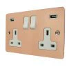 2 Gang - Double 13 Amp Plug Socket with 2 USB A Charging Ports - White Trim Flat Classic Polished Copper Plug Socket with USB Charging