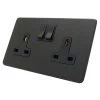 2 Gang - Double 13 Amp Switched Plug Socket : Black Trim Textured Black Switched Plug Socket