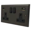 2 Gang - Double 13 Amp Switched Plug Socket with 2 USB A Charging Ports : Black Trim Victorian Premier Silk Bronze Plug Socket with USB Charging