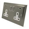 2 Gang - Double 13 Amp Plug Socket with 2 USB A Charging Ports - White Trim Victorian Satin Nickel Plug Socket with USB Charging