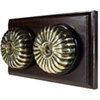 2 Fluted Antique Brass Dome Switch Combination - Light Switch + Intermediate Switch - on Horizontal Wooden Pattress Vintage Dome (Metal) Fluted Antique Brass - Dark Oak Intermediate Switch and Light Switch Combination