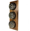 3 Fluted Antique Brass Dome Switch Combination - Light Switch + Intermediate Switch - on Vertical Wooden Pattress Vintage Dome (Metal) Fluted Antique Brass - Medium Oak Intermediate Switch and Light Switch Combination