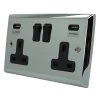 2 Gang - Double 13 Amp Plug Socket with 2 USB A Charging Ports : Black Trim