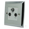 TV Aerial Socket, Satellite F Connector (SKY) and FM Aerial Socket combined on one plate : White Trim Vogue Polished Chrome TV, FM and SKY Socket