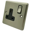 1 Gang - Single 13 Amp Switched Plug Socket : Black Trim Warwick Brushed Steel Switched Plug Socket