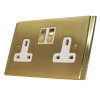 2 Gang - Double 13 Amp Switched Plug Socket : White Trim Art Deco Dual Satin | Polished Brass Switched Plug Socket