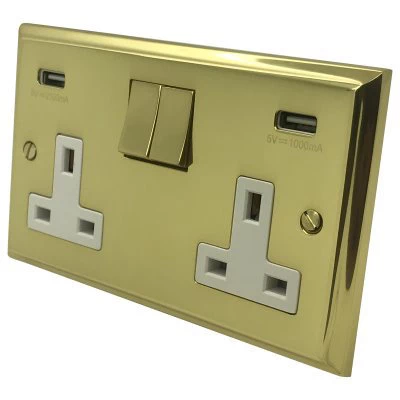 Victorian Premier Plus Polished Brass (Cast) Plug Socket with USB Charging