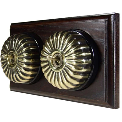 Vintage Dome (Metal) Fluted Antique Brass - Medium Oak Intermediate Switch and Light Switch Combination