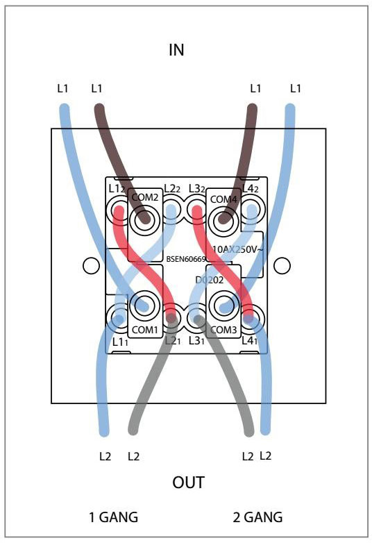 Wiring diagram for a Retro Touch two gang intermediate switch